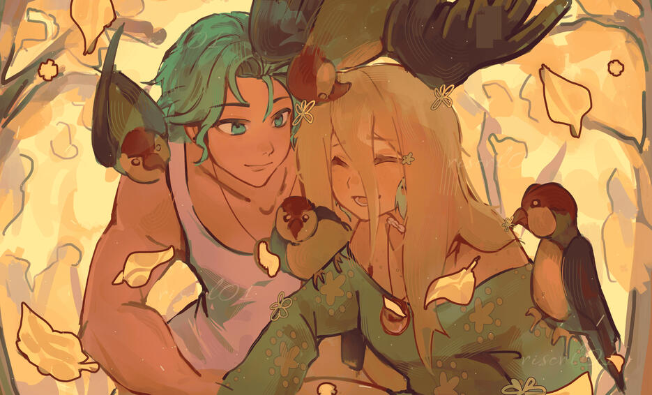 bust up + background + 1 extra character